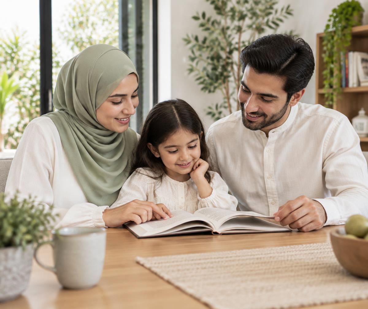 Muslim parents reading together with their daughter in a welcoming home